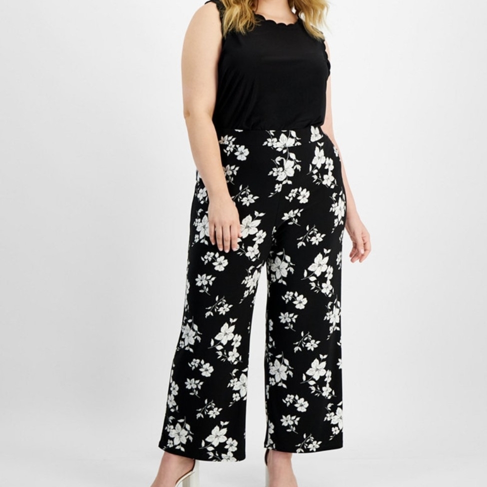 Kasper Black Wide-Leg Floral Print Pants